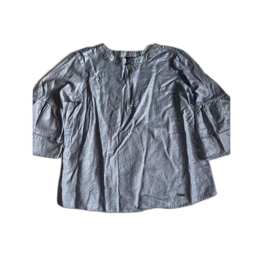 Ellen Tracy Women's Metallic Gray Top Size L | Linen Rayon | Long Sleeve Blouse